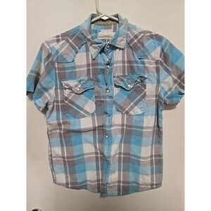 Ditch Plains Shirt BOY'S XL 14/16 White BLUE Plaid Pearl Snap